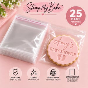 May include: A stack of clear self-sealing plastic bags labeled Stamp My Bake with 25 bags per pack. One bag contains a round pink cookie embossed with the text Amy's BABY SHOWER and two baby footprints. The bags feature a red adhesive strip.