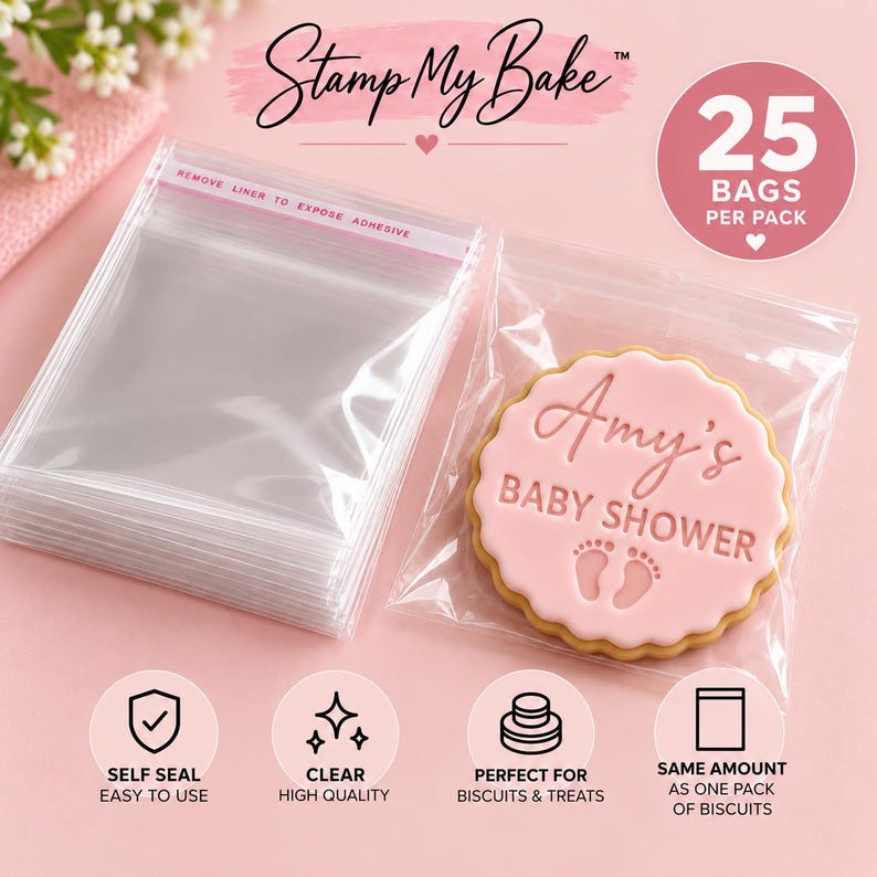 May include: A stack of clear self-sealing plastic bags labeled Stamp My Bake with 25 bags per pack. One bag contains a round pink cookie embossed with the text Amy's BABY SHOWER and two baby footprints. The bags feature a red adhesive strip.