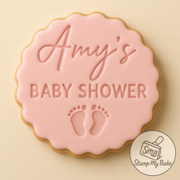 Sello de fondant con nombre personalizado para baby shower con pie de bebé, compatible con galletas M&S