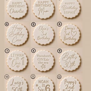 May include: A set of twelve round, white scalloped-edge cookies, each featuring unique embossed text and graphics for birthdays. The designs include names like Charlie, Mum, Sophie, Coco, Elsie, Darcy, Liyana, Theodore, Beth, Lucy, Noah, and Poppy.