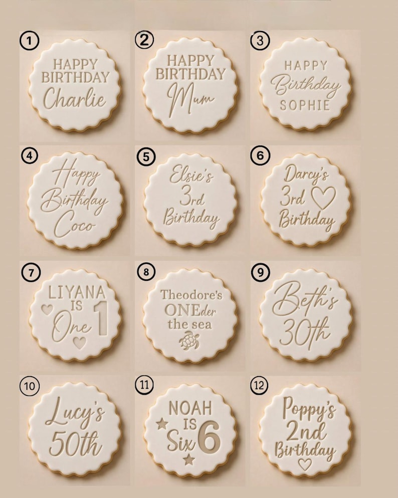 May include: A set of twelve round, white scalloped-edge cookies, each featuring unique embossed text and graphics for birthdays. The designs include names like Charlie, Mum, Sophie, Coco, Elsie, Darcy, Liyana, Theodore, Beth, Lucy, Noah, and Poppy.
