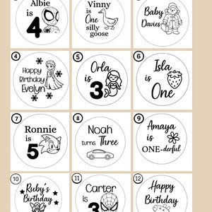 May include: A grid of twelve circular white stickers featuring black line art and text. Designs include names like Albie, Vinny, Orla, Isla, Ronnie, Noah, Amaya, Ruby, and Carter, paired with icons such as superheroes, animals, and flowers.