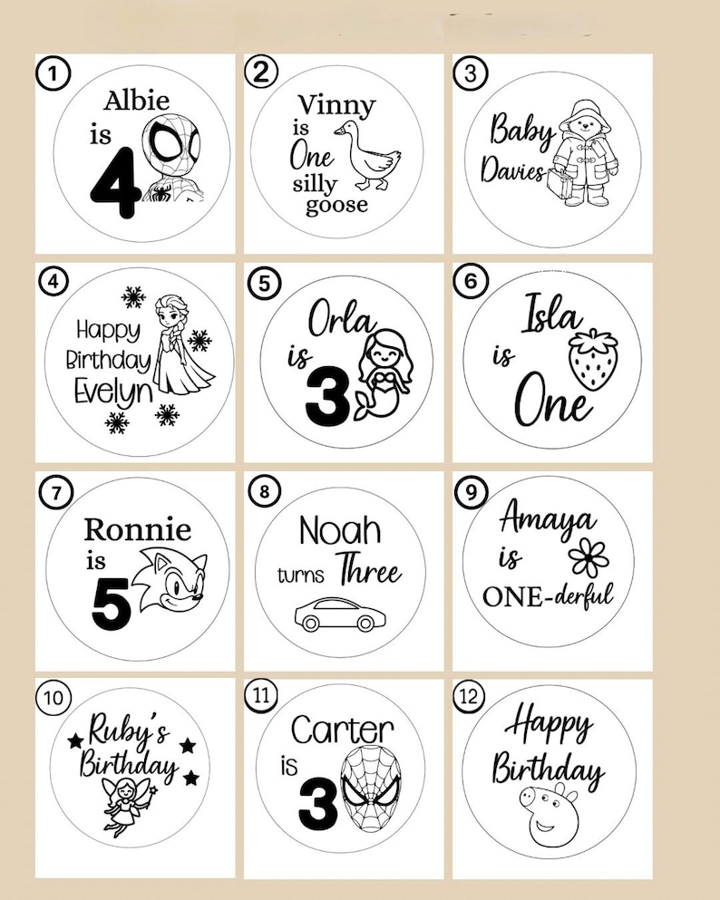 May include: A grid of twelve circular white stickers featuring black line art and text. Designs include names like Albie, Vinny, Orla, Isla, Ronnie, Noah, Amaya, Ruby, and Carter, paired with icons such as superheroes, animals, and flowers.