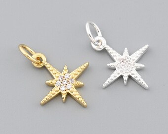 Ciondolo scintillante a forma di stella polare a otto punte in oro 18 carati con zirconi cubici al centro, regalo di gioielli celestiali per lei, 12 x 14 mm
