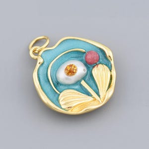Elegant 18K Gold Filled Floral Pendant with Blue Enamel, Pearl Detail and Pink Bead for DIY Jewelry 19mm