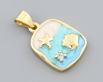Küstencharme Anhänger 18K Gold gefüllt mit Seestern Muschel Blau Weiß Emaille Ozean Schmuck für Frauen 13.1x17.7 mm