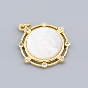 18K Gold Filled Virgin Mary Cameo Necklace Pendant with White Shell and Sparkling Zircon Details 23.5mm