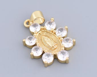 24K Gold Virgin Mary Holy Mother Micro Pave CZ Cubic Zirconia