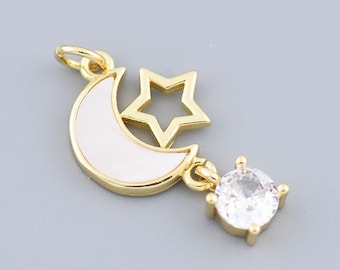 18 kt gold filled hanger met maansikkel, schelp en kristal, unieke hemelse sieraden bedel voor vrouwen 25 x 14,5 mm