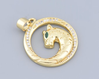 18K Gold Filled Leopard Circle Pendant With Green Gem Eye And Cubic Zirconia For Statement Necklace 21mm