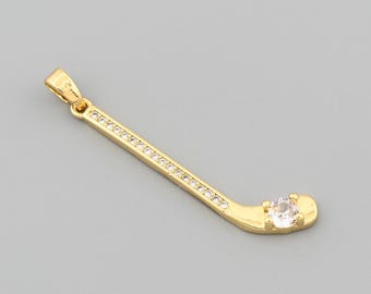 Ice Hockey Stick Pendant with Zircon Stones, 18K Gold Filled, Perfect for Sports Enthusiasts 9x36mm