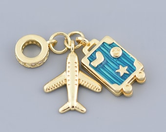 Modern 18K Gold Filled Blue Luggage and Airplane Travel Pendant Charm for Handmade Jewelry Projects