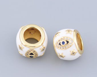 Unique 18K Gold Filled Spacer Bead With White Enamel Evil Eye Design Protection Charm For Women Bracelets 15mm