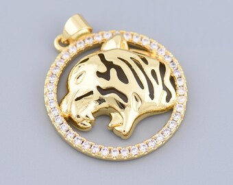 Fashion 18K Gold Filled Tiger Head Pendant With Cubic Zirconia Round Frame For Necklace Jewelry Accessories 25.5mm