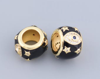 Luxury 18K Gold Filled Bead Charm With Black Enamel Evil Eye Symbol For Pandora Bracelet Jewelry Making Gift 15mm
