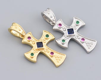 Vintage 18K Gold Filled Cross Pendant with Colorful Gemstones, Religious Jewelry for Men and Women 25.5x17.5mm
