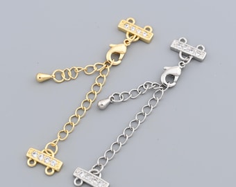 Sparkling CZ Double Strand 18K Gold Filled Clasp, Adjustable Jewelry Making Connector For Necklace Bracelet 11x58mm