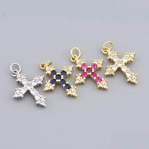 Elegant 18K Gold Filled Four Color Cross Charm, CZ, Red, Blue Gemstone Religious Pendant for Faith Jewelry 22.5x17mm