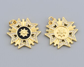 Luxury 18K Gold Filled Starburst Medal with Black Enamel Centerpiece and Shiny Cubic Zirconia Stones 22.8x22.4mm