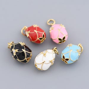 Retro Faberge Style Pendant with Golden Star Chain Design and Crystal Studs on Vivid Enamel Egg Surface 23x13.5mm