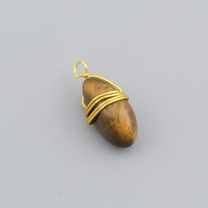 May include: A polished, oval-shaped tiger's eye gemstone pendant wrapped in thin, gold-colored wire. The stone features characteristic brown and golden-yellow bands with a smooth, reflective surface and a small wire loop at the top for hanging.