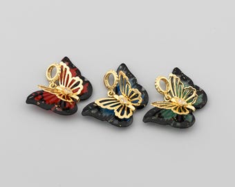 18K Gold Filled Butterfly Pendant Featuring Resin Wings and Sparkling Zircon for Necklace Design 17x25mm