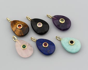 Statement Teardrop Mixed Stone Pendant Featuring CZ Accent 18K Gold Filled Necklace Charm 15x27mm