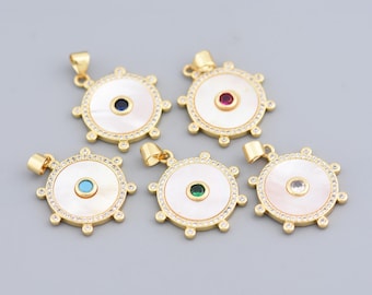 Chic Round Shell Pendant Surrounded By 18K Gold Filled Frame Featuring Zircon And Colorful Gem Accent 22mm