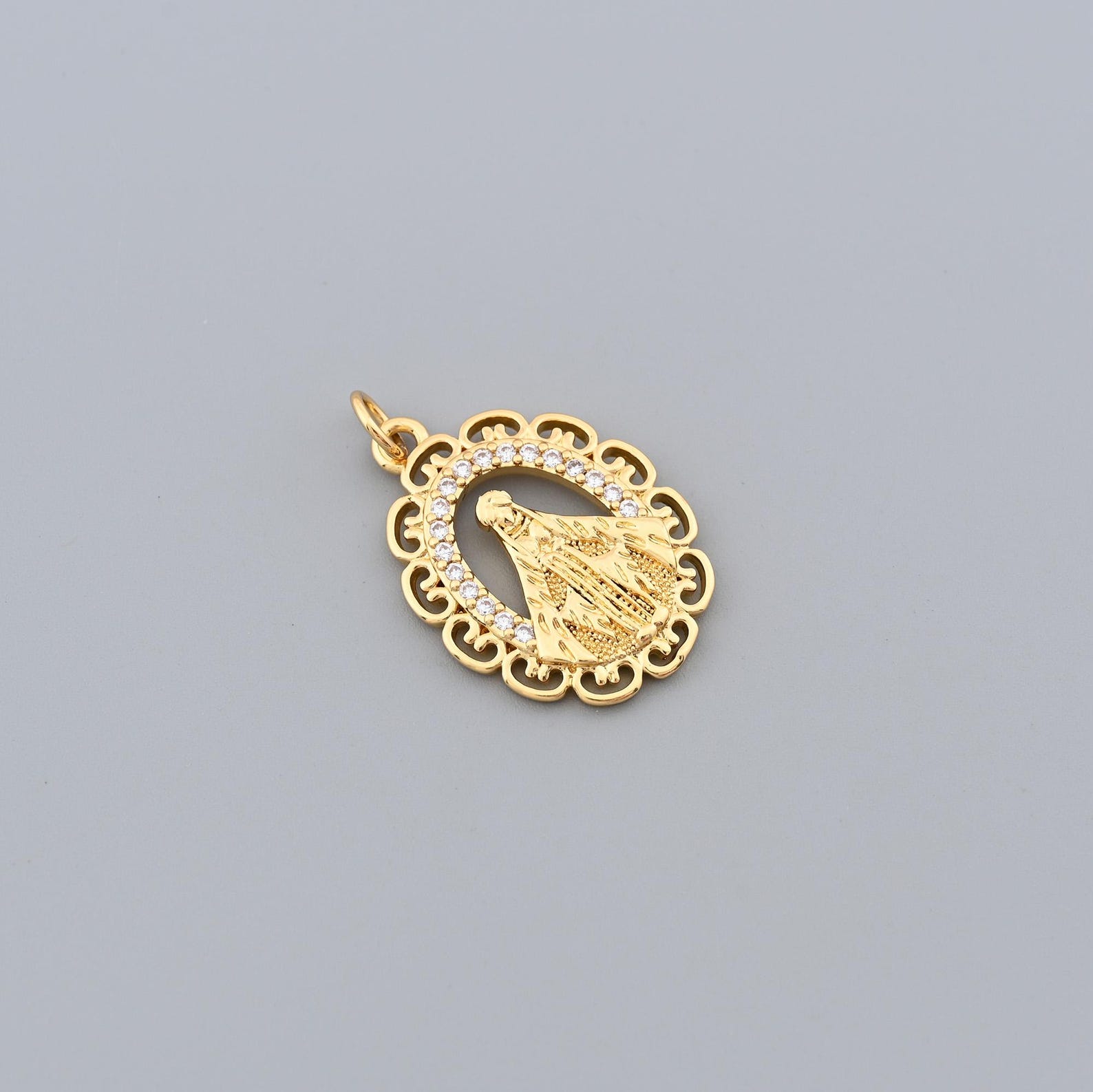 18K Gold Filled Virgin Mary Oval Medal Pendant With CZ Stones and ...