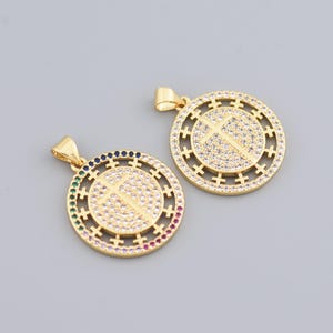 Rainbow CZ Circle Pendant with Cross Design in 18K Gold Filled for Religious DIY Necklace Crafts 22mm