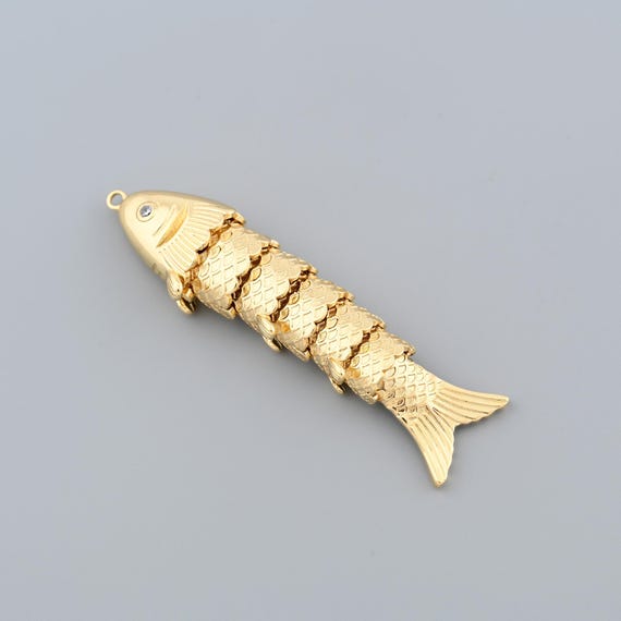Handmade Articulated Fish Pendant in 18K Gold Filled with Textured Scales for Unique Jewelry Craft Projects 15x62mm