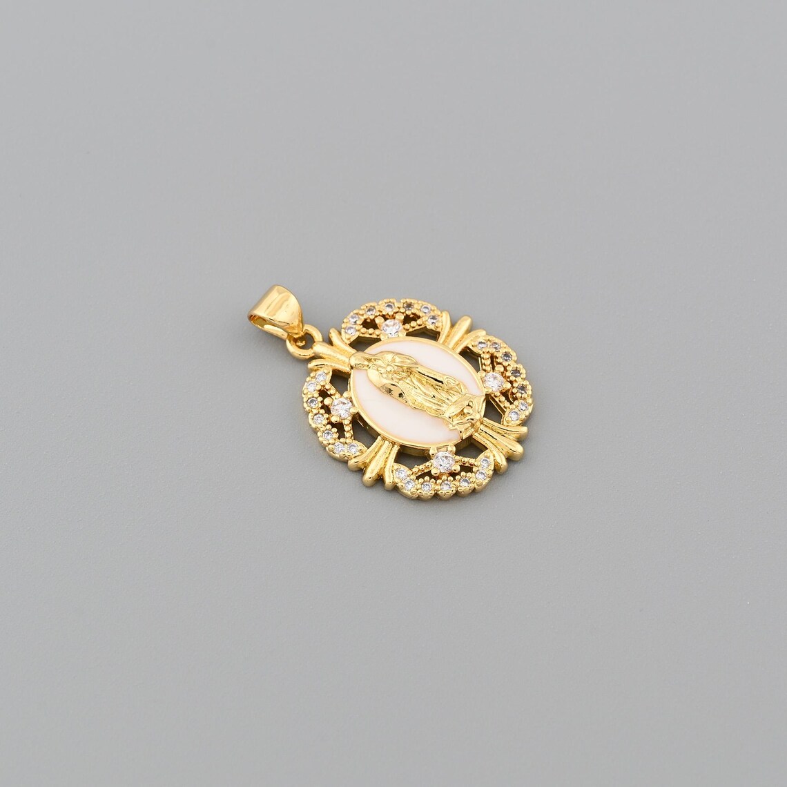 Elegant 18K Gold Filled Virgin Mary Oval Pendant With White Shell Base ...