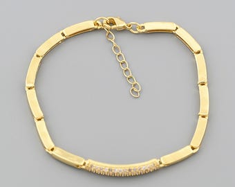 Classic 18K Gold Filled CZ Accent Bracelet With Smooth Rectangle Links For Timeless Elegant Look 18+3cm
