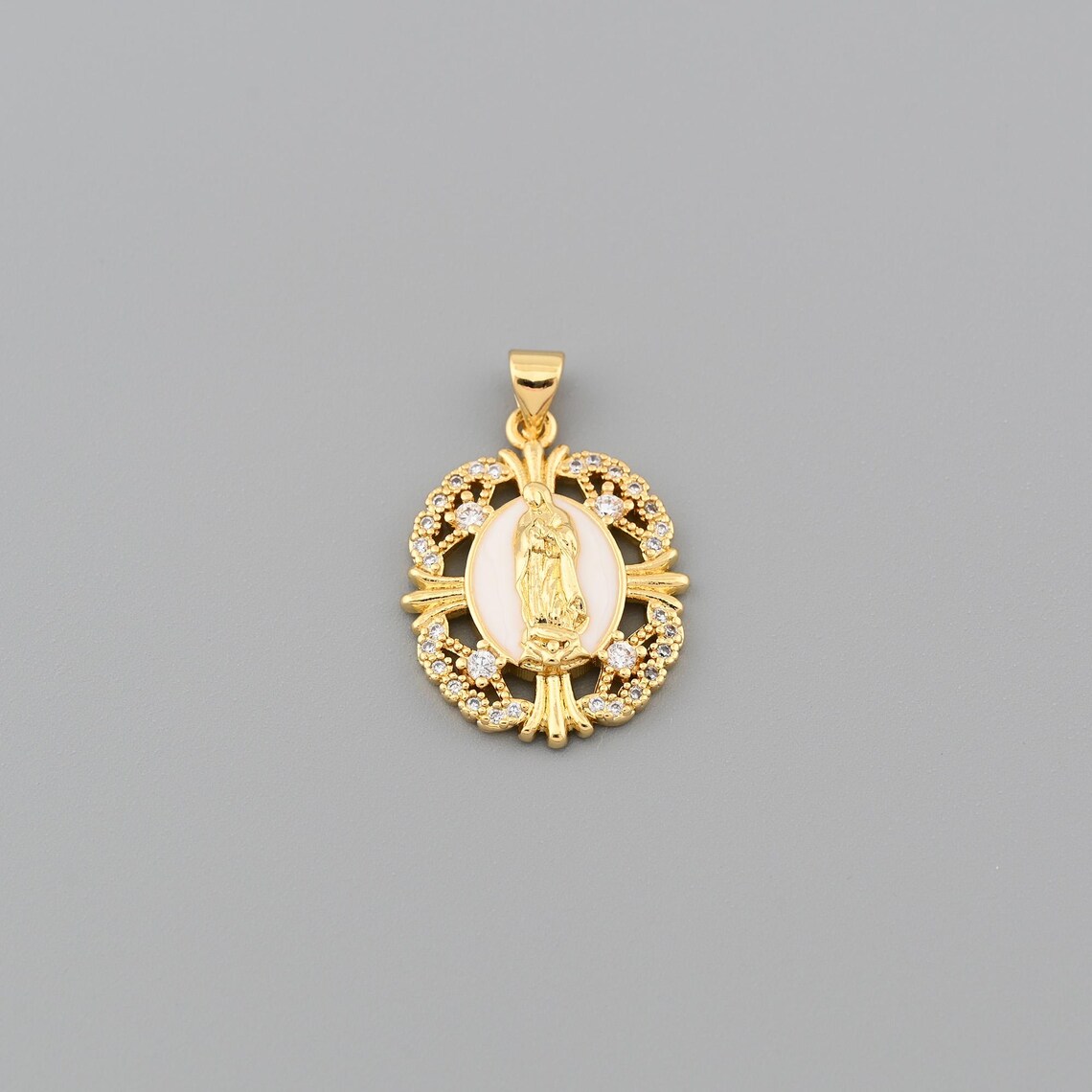 Elegant 18K Gold Filled Virgin Mary Oval Pendant With White Shell Base ...