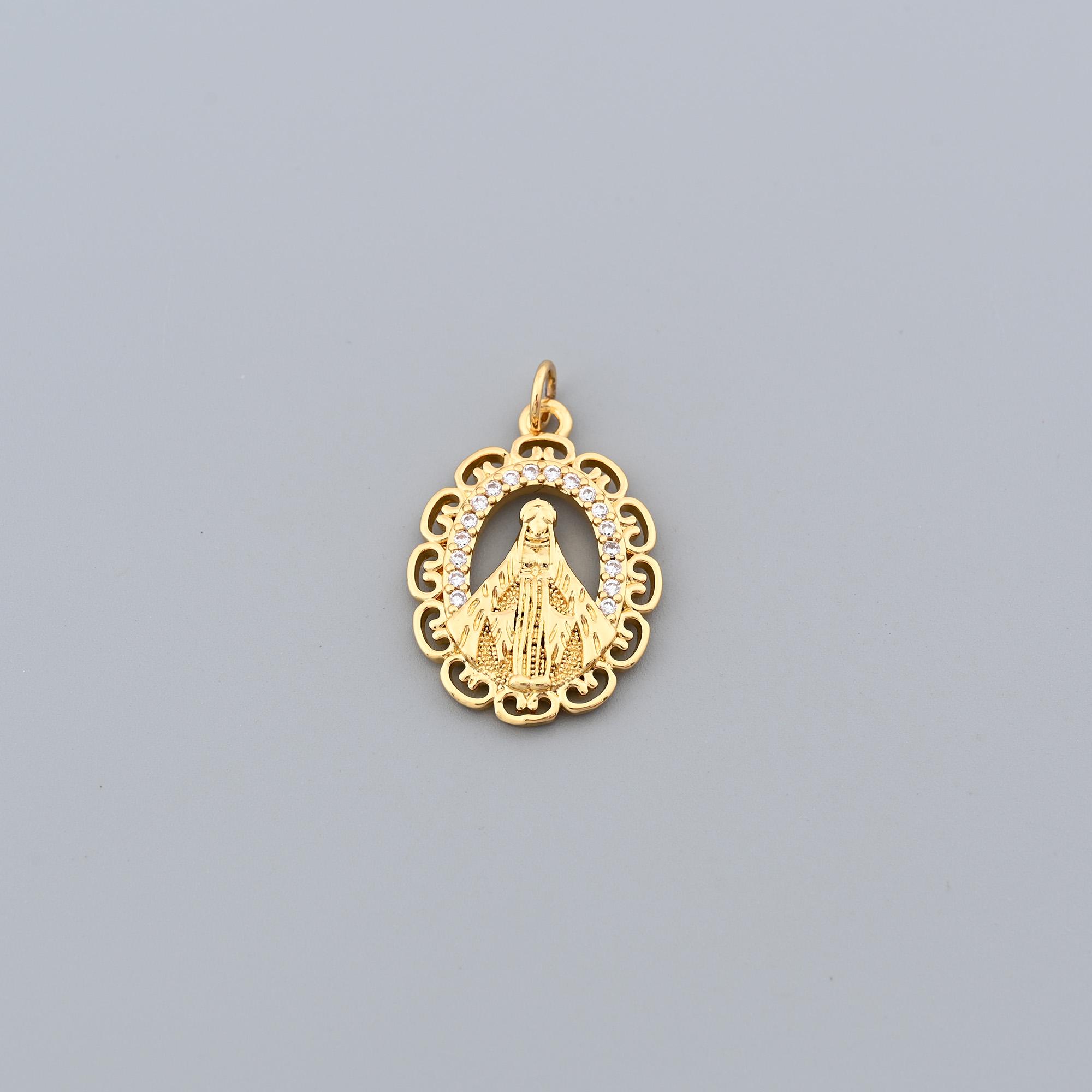 18K Gold Filled Virgin Mary Oval Medal Pendant With CZ Stones and ...