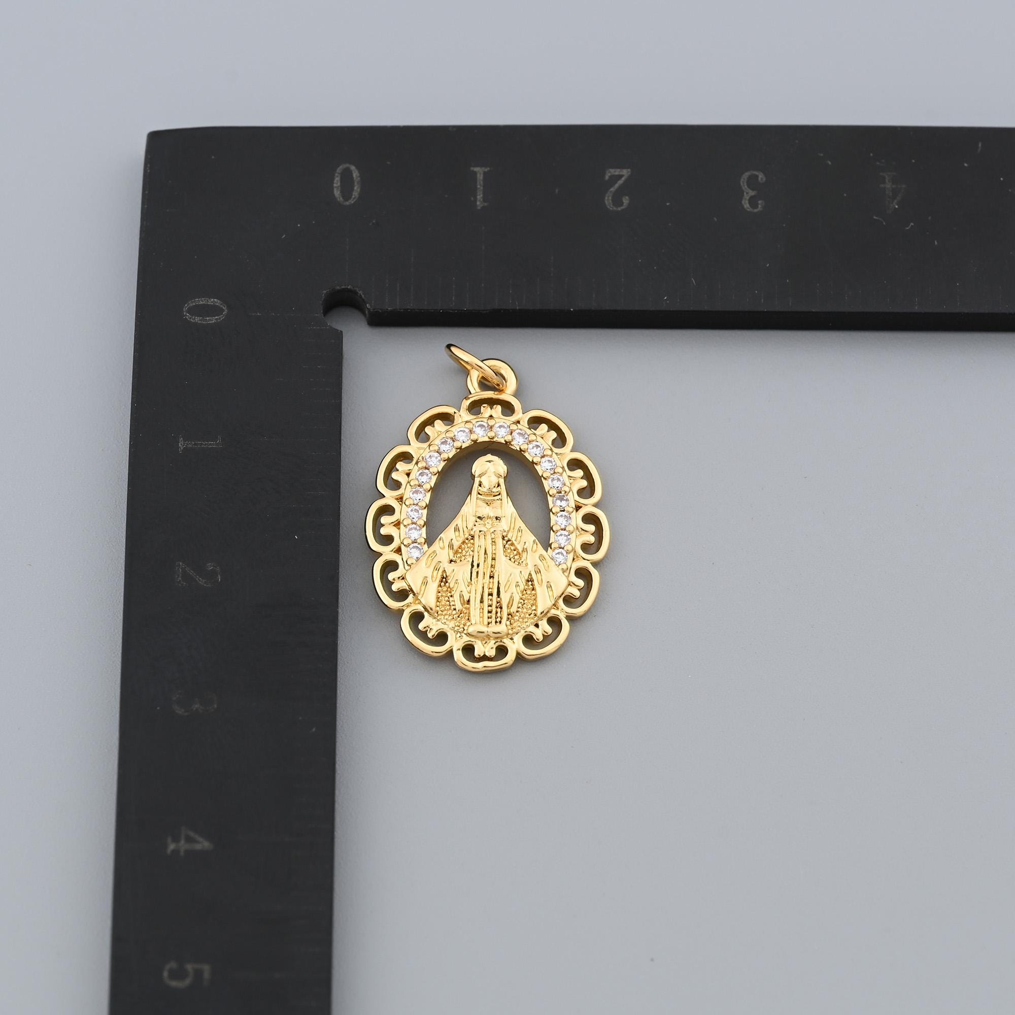 18K Gold Filled Virgin Mary Oval Medal Pendant With CZ Stones and ...