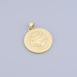 Round Anchor Medallion in 18K Gold Filled with CZ Accents Nautical Pendant Jewelry Gift of Protection 25mm