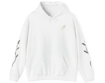 Sudadera con capucha minimalista con estrellas doradas y mangas de enredadera negras / Jersey blanco