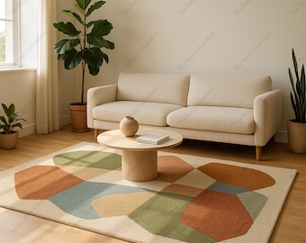 Handtuftad ullmatta – Modern geometrisk, rostorange och salvia