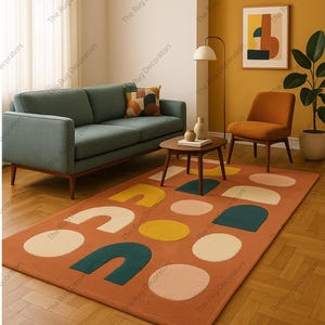 Hand Tufted Wool Rug – Geometric Modern Area Carpet in Burnt Orange, Mustard Yellow, Teal Blue & Beige – Living Room Decor Office New Home