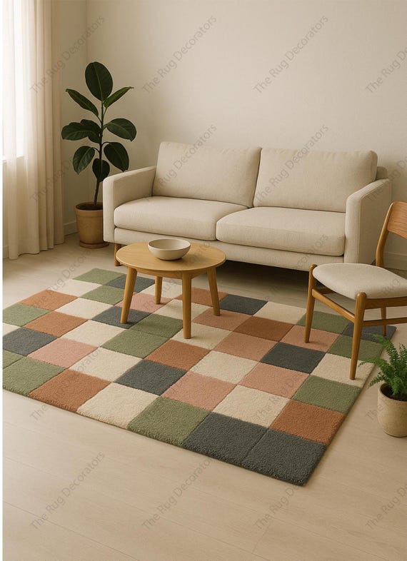 Hand-Tufted Wool Rug, Modern Checkerboard Patchwork, Boho Area Rug