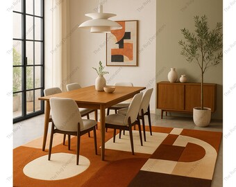 Hand-tufted Wool Rug, Terracotta Geometric Abstract, Mid-Century Modern Living Room Carpet