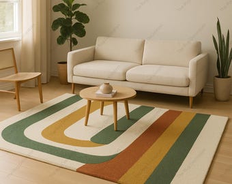 Hand Tufted Wool Area Rug – Modern Boho U-Shape, Sage Green & Terracotta