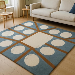 Hand Tufted Wool Rug – Retro Geometric Design in Sky Blue, Cream & Rust Brown – Modern Area Rug for Living Room or Bedroom Decor
