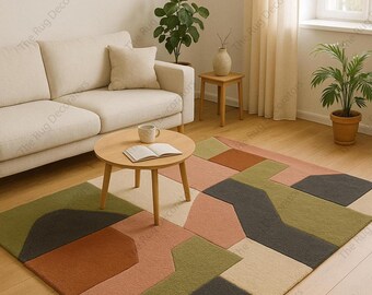 Hand Tufted Wool Area Rug – Geometric Olive Green, Terracotta