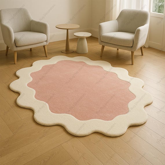 Hand-Tufted Wool Rug – Pink Wavy Edge, Modern Nursery Decor