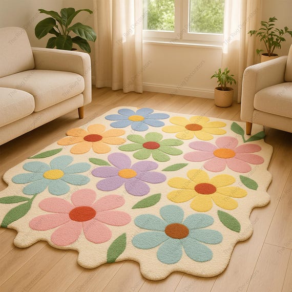 5x8 6x9 8x10 Colorful Daisy Flower Rug Hand-tufted Wool Carpet