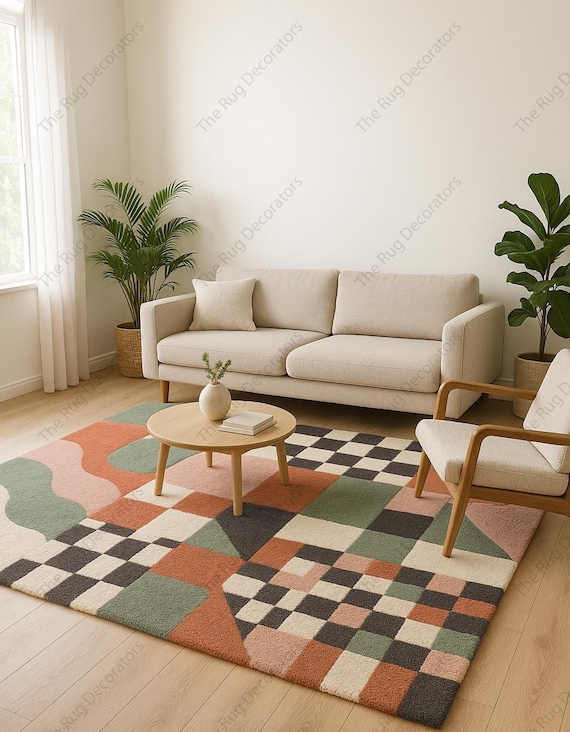 Hand-Tufted Wool Rug – Retro Geometric Modern Living Room