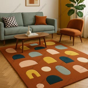 Hand Tufted Wool Rug – Modern Geometric Carpet in Burnt Orange, Mustard Yellow, Teal Blue, Beige & Sage Green – Living Room Decor New Home