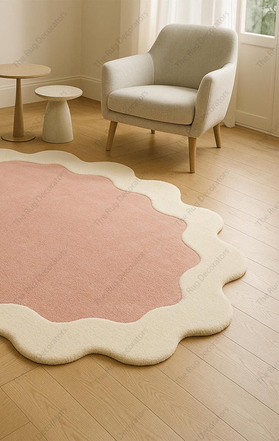 Handgetufteter Wollteppich - Rosa Wellenrand, Modernes Kinderzimmer Dekor